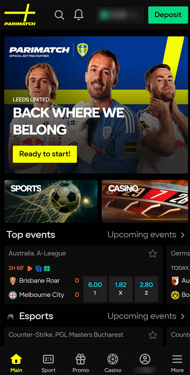 View the homepage with the latest events and top odds from Parimatch.